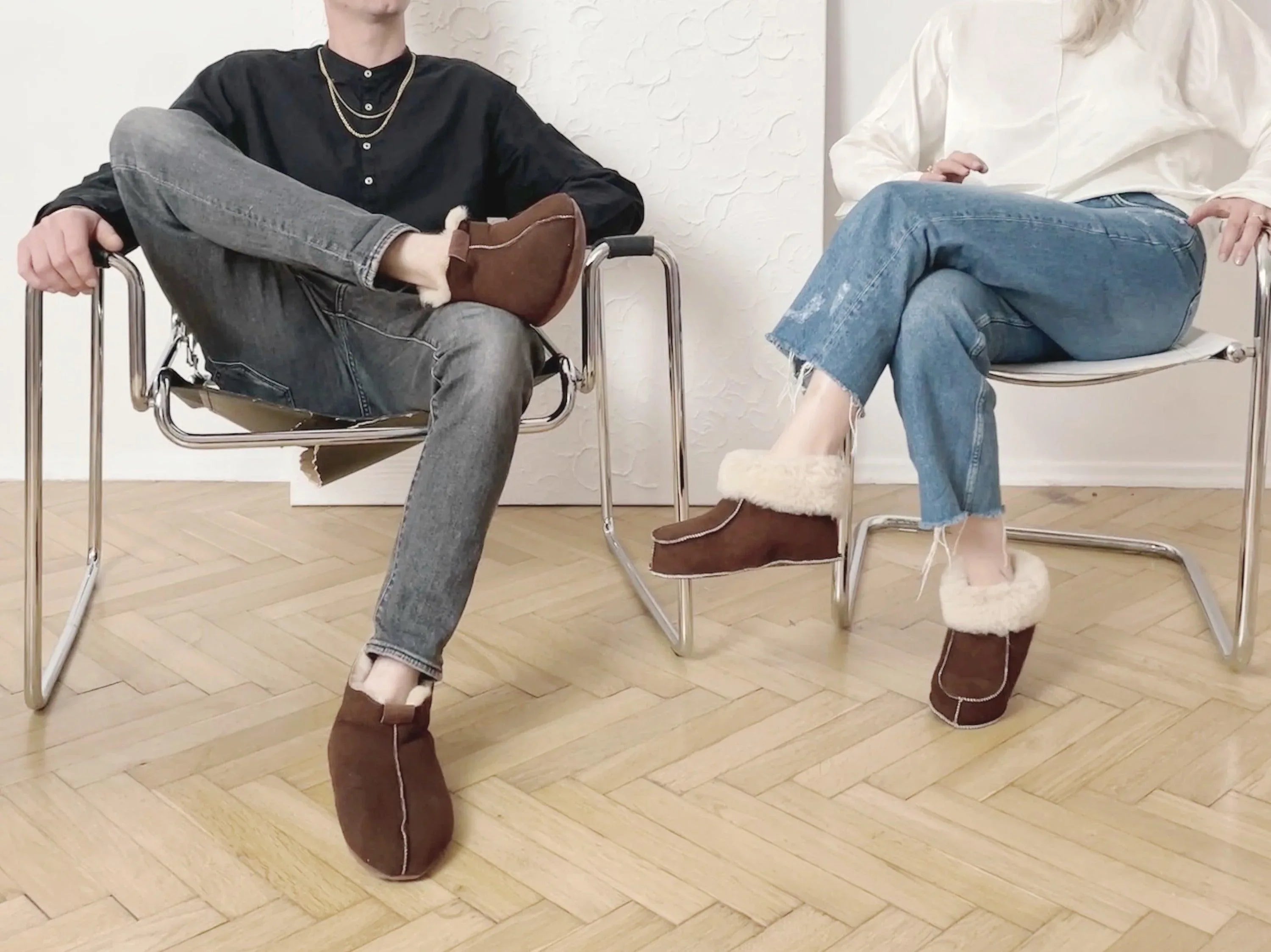 Buty z naturalnej owczej skóry - Brązowe